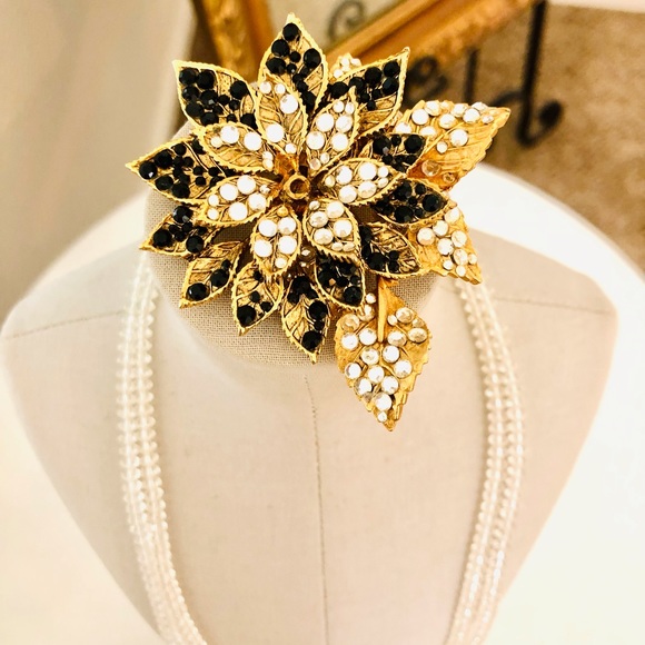 Vintage Deco Clear Crystal Necklace & Rhinestone Flower Brooch - Picture 10 of 10